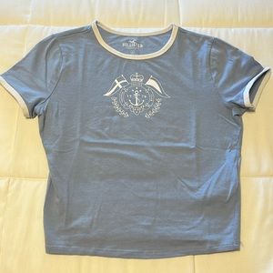 Light Blue Hollister Graphic Cropped Top with white details